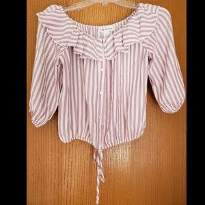 3/4 Sleeve Striped Ruffled Blouse